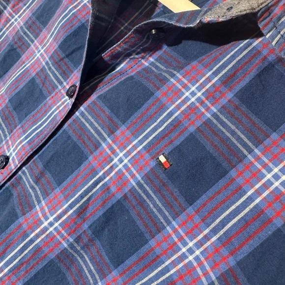 Tommy Hilfiger Men's Navy and Purple Plaid Shirt - Picture 2 of 5